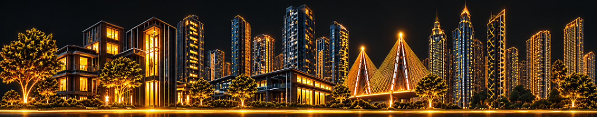 Glowing city skyline with cable-stayed bridge